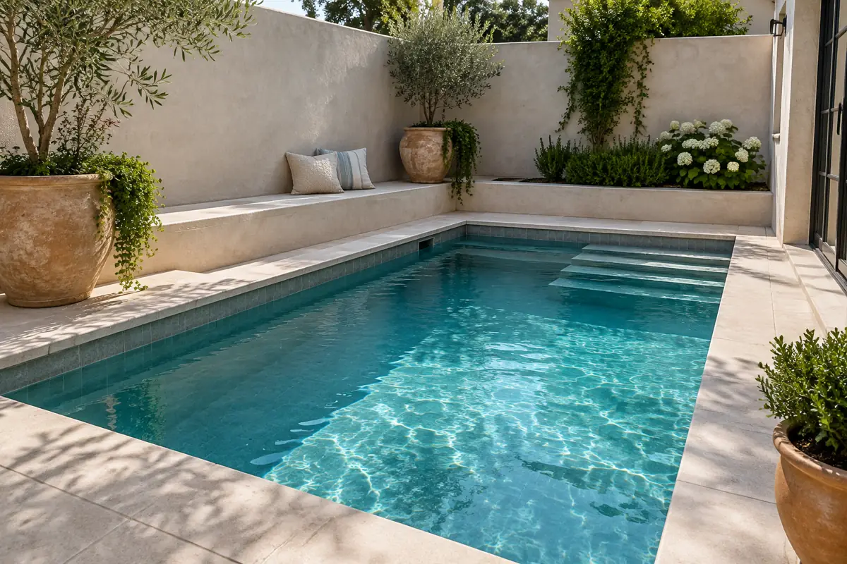 A compact rectangular pool in a walled courtyard. Area drops fast; the equipment list does not.