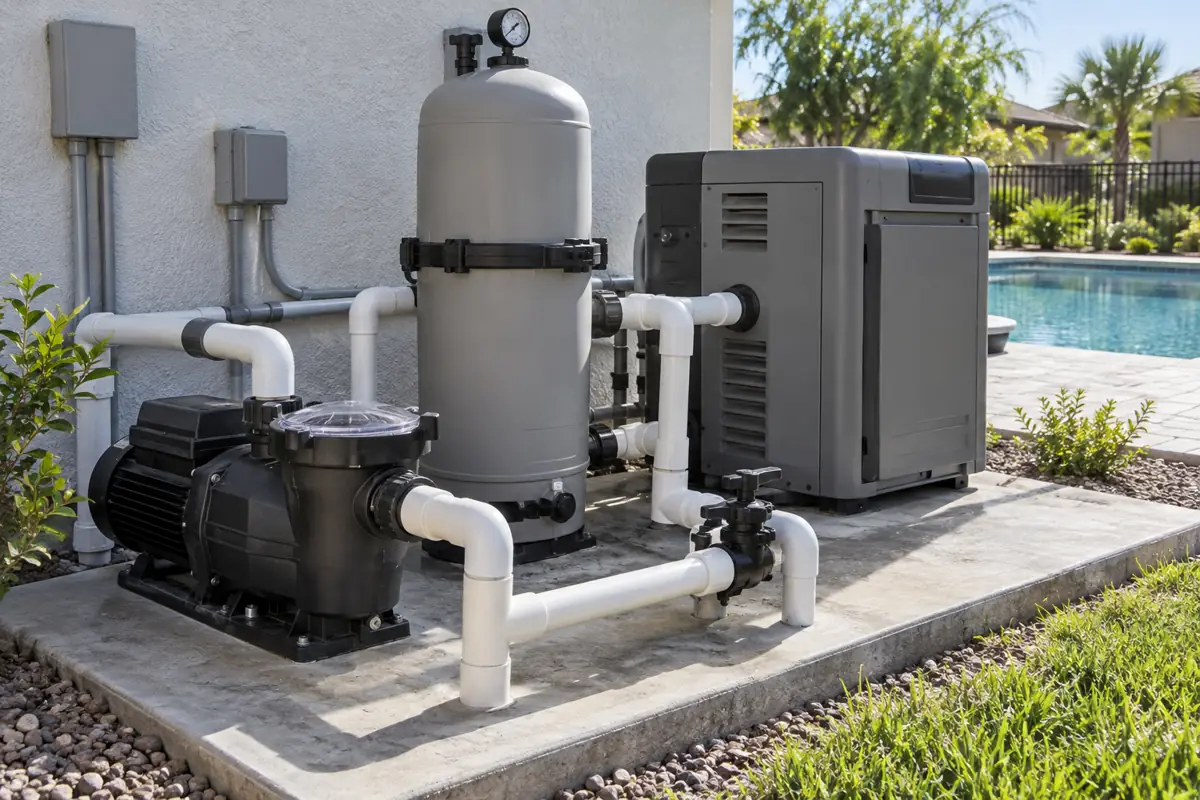 Pump, filter and heater on a small equipment pad: roughly the same hardware a pool twice the size would use.