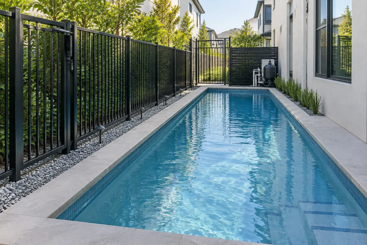 A narrow side-yard pool still needs the full barrier: fence, self-closing gate and latch.