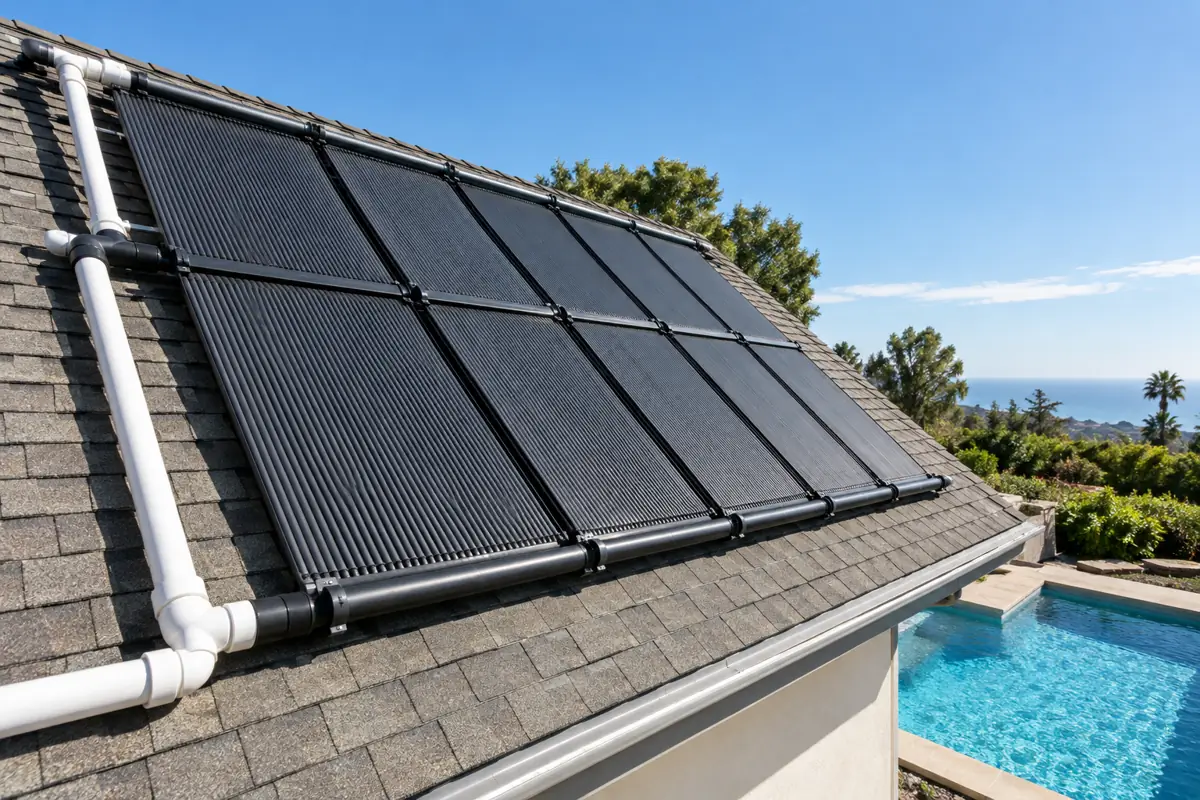 Unglazed collector panels on a south-facing roof above a backyard pool.