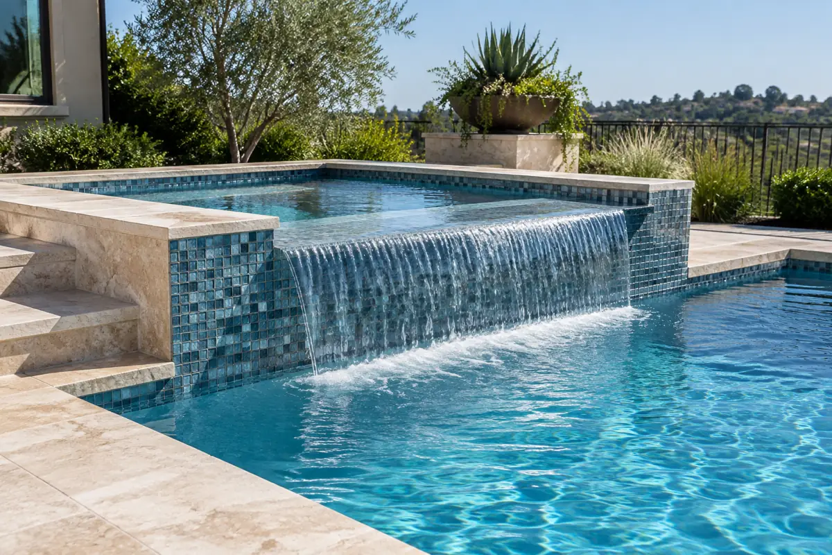 A raised spa spilling into a pool: the shared design lets one pump, filter and heater serve both bodies of water.