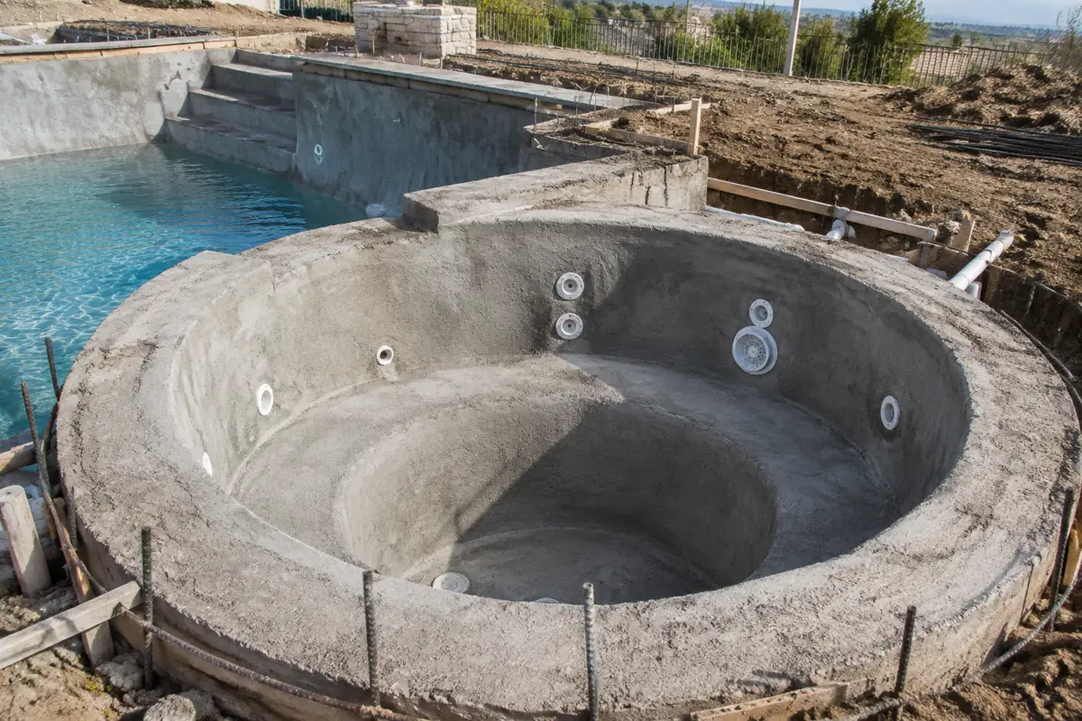 A spa shell after shotcrete, before tile and plaster: jets and suction outlets are set into the concrete.