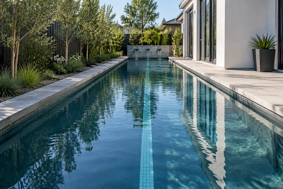 A long, narrow lap pool: one competition lane is 2.5 m (8.2 ft) wide.