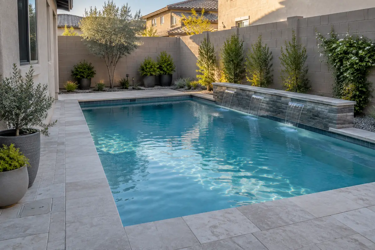A compact rectangular pool in a narrow yard: most 2025 Mesa permits were under 500 sq ft.
