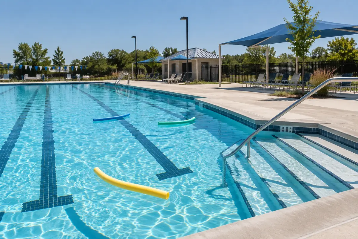 An empty lane set up for lessons. 54.7% of US adults said in 2023 that they had never taken a swim lesson.