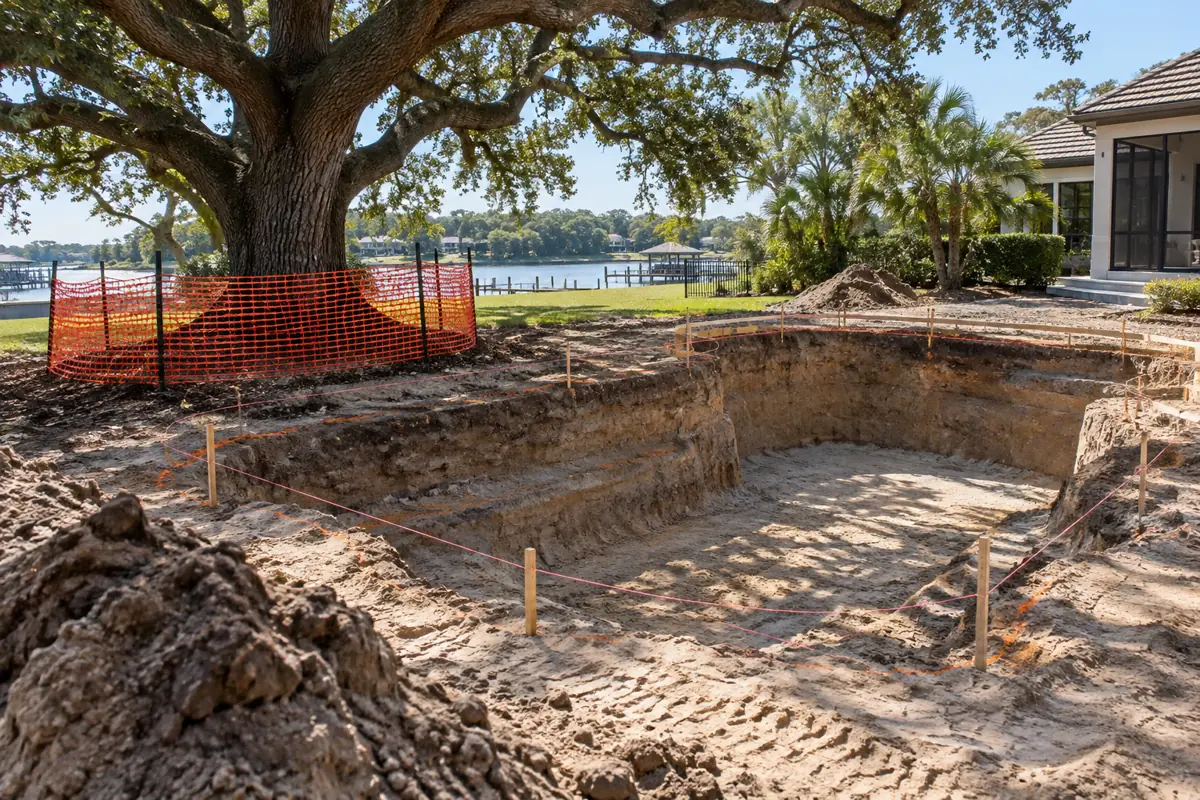 Tree barricades stay up through excavation when a Tampa pool sits near a protected oak.