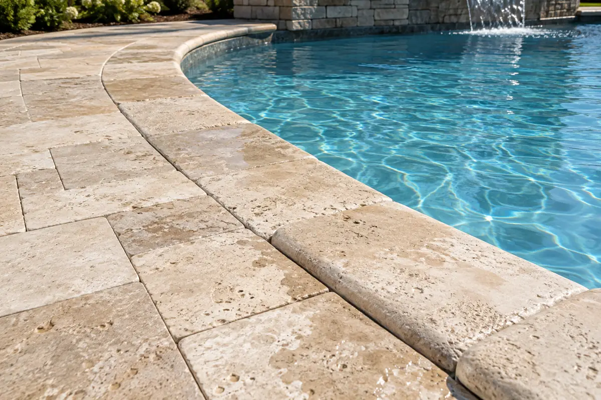 Tumbled travertine pavers around a pool: the textured face is what keeps it from getting slick.
